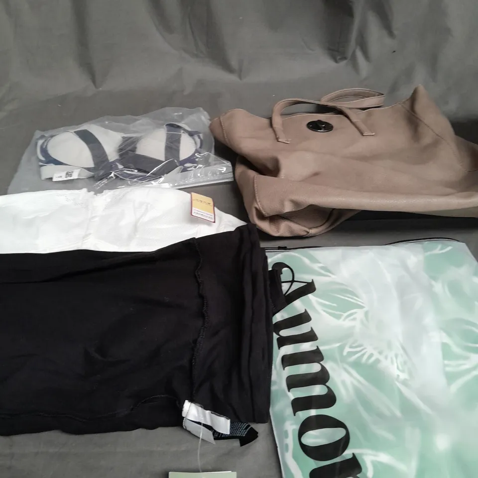 BOX OF APPROXIMATELY 20 ASSORTED CLOTHING ITEMS TO INCLUDE - BRA , BAG , TROUSERS ETC