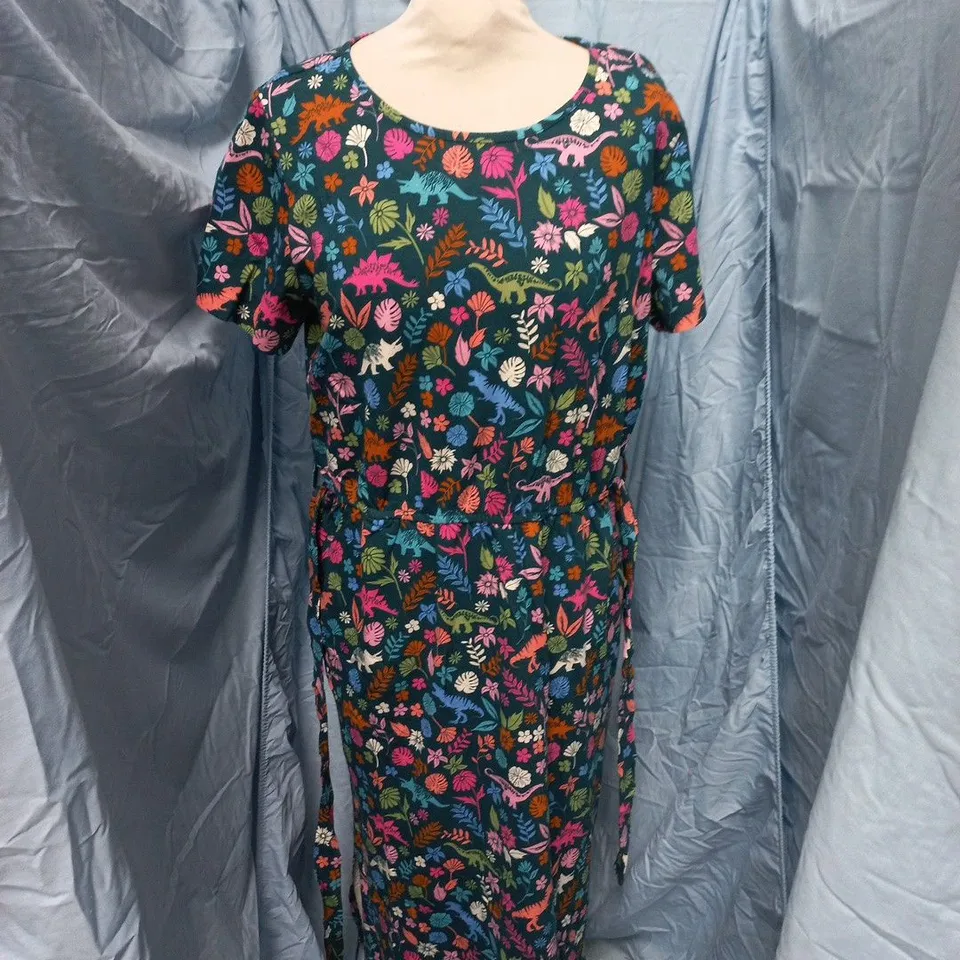 SUGARHILL BRIGHTON JERSEY MIDI DRESS – TEAL/MULTI DINOSAUR PRINT UK 14