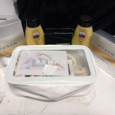 APPROXIMATELY 12 ASSORTED COSMETICS PRODUCTS TO INCLUDE; DIADORA ENERGY FRAGRANCE, ECLIX LA PERLA BAIN MOUSSANT PARFUME AND HAIR REGROWTH TREATMENT