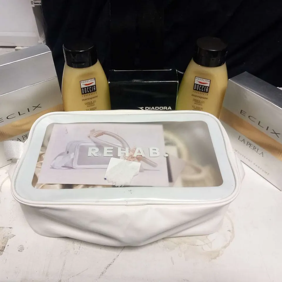 APPROXIMATELY 12 ASSORTED COSMETICS PRODUCTS TO INCLUDE; DIADORA ENERGY FRAGRANCE, ECLIX LA PERLA BAIN MOUSSANT PARFUME AND HAIR REGROWTH TREATMENT