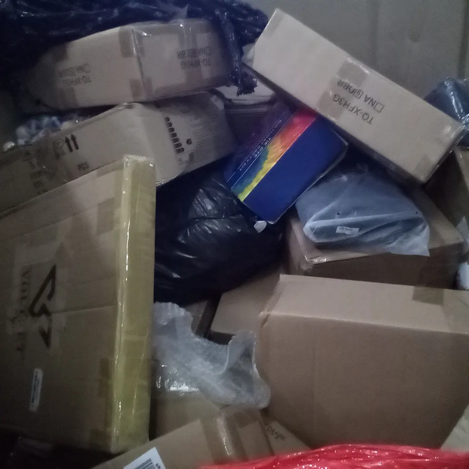 PALLET OF ASSORTED ITEMS INCLUDING office chair, mute toilet seat cover, Newsday ceiling fan, tie dye birthday party kit, metal tins with handles, mail sorter