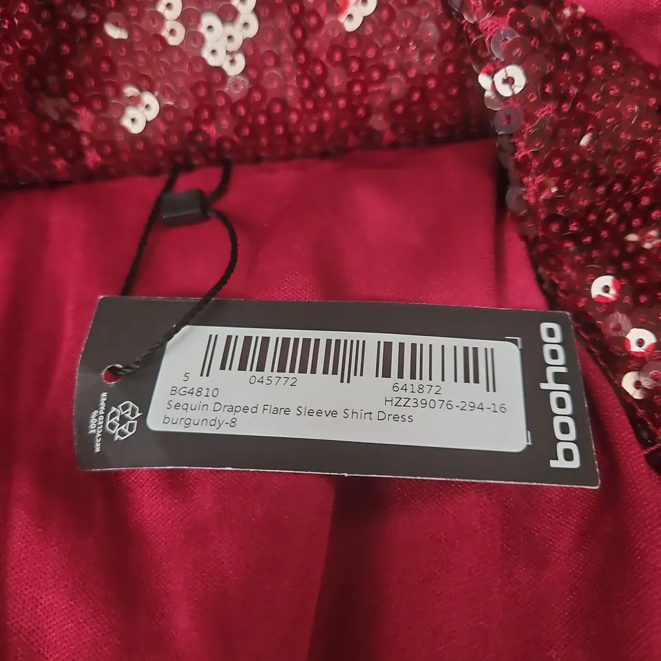 BOOHOO SEQUIN DRAPED FLARE SLEEVE SHIRT DRESS - BURGUNDY, UK 8