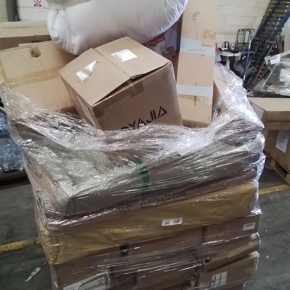 PALLET CONTAINING VARIOUS ASSORTED BOXED ITEMS TO INCLUDE. BEAN BAG BALLS, PLAY POOL, WEED CUTTER, AIR FRYER, CORDLESS VACUUM CLEANER AND LOTS MORE UNMARKED BOXED ITEMS 