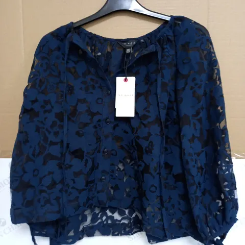 TED BAKER PUFF SLEEVE BLOUSE WITH TIE DETAIL IN DRARK BLUE - SIZE 3