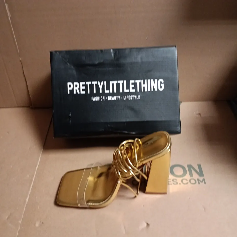 PRETTYLITTLETHING SANDALS – GOLD STRAPPY HIGH HEEL WITH NUDE FOOTBED (BOXED) - SIZE UK 6 