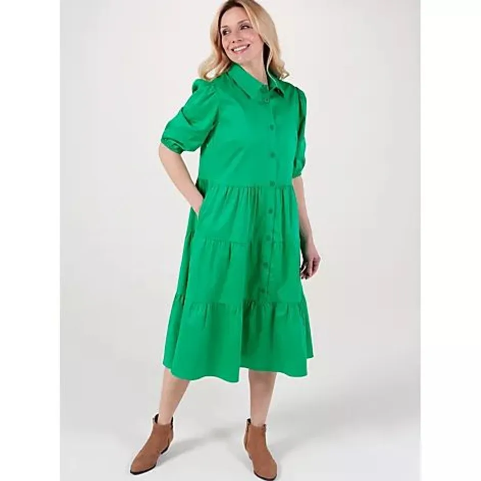 HELENE BERMAN TIERED SHIRT DRESS IN GREEN - SIZE 14