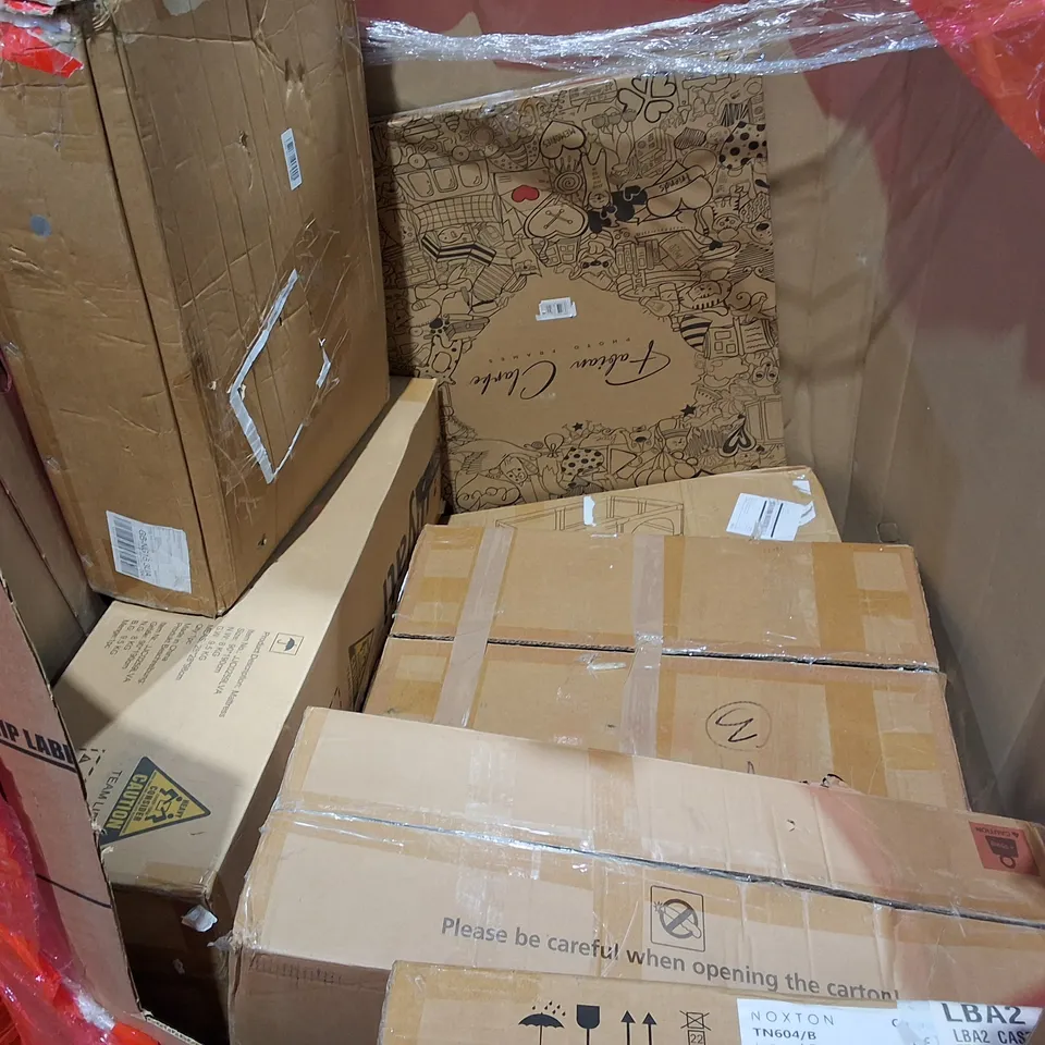 PALLET OF ASSORTED HOUSEHOLD ITEMS TO INCLUDE BAGGED AND ROLLED MATTRESSES, FAN LIGHT AND BED FRAME