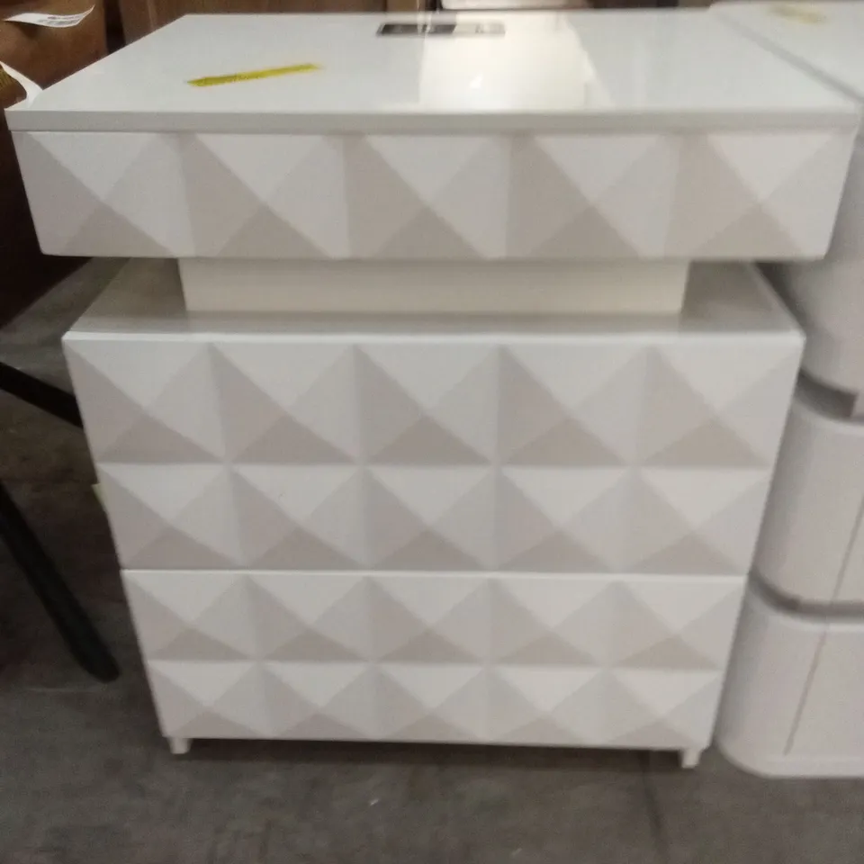 DIAMOND-TEXTURED WHITE BEDSIDE TABLE, TWO DRAWERS (HIDDEN STORAGE) WITH USB CHARGING STATION