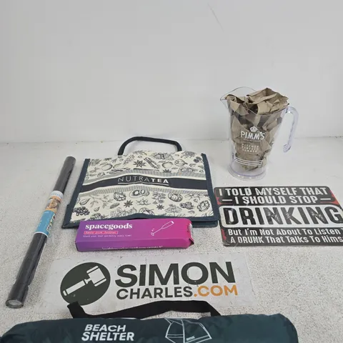 BOX OF APPROXIMATELY 10 ASSORTED ITEMS INCLUDING A PIMMS PITCHER, A REGATTA BEACH SHELTER AND A NUTRA TEA BAG