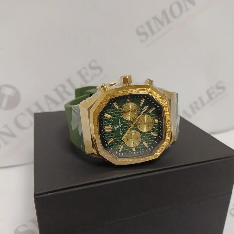 LOUIS LACOMBE MENS CHRONOGRAPH WATCH - YELLOW GOLD COLOURED BEZEL AND CASE - GREEN RUBBER STRAP - 3ATM WATER RESISTANT - DISPLAY BOX