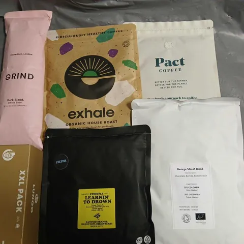 LOT OF 6 ASSORTED PACKS OF COFFEE TO INCLUDE GRIND WHOLE BEAN, LUNGO PODS AND PACT COFFEE GROUND