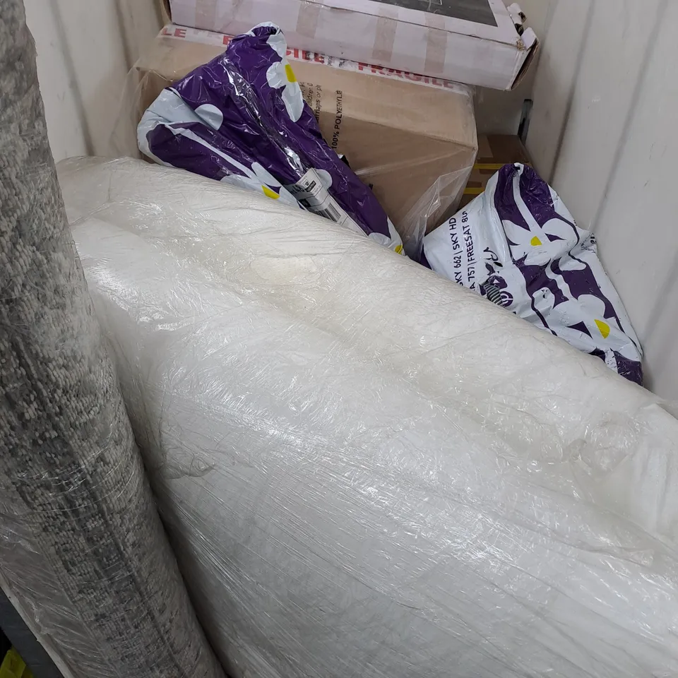 CAGE OF APPROXIMATELY 10 ASSORTED HOUSEHOLD ITEMS TO INCLUDE CLEANING MOP, UNBRANDED LILAC HANDBAG, ETC - COLLECTION ONLY