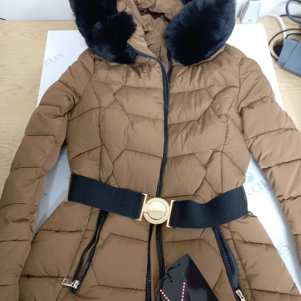 WULUX PARIS BROWN FUR HOOD PADDED COAT - M