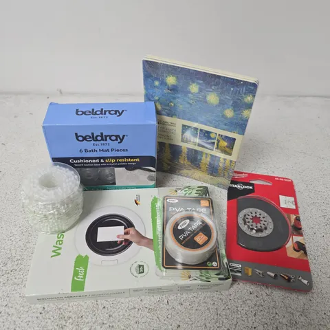 APPROXIMATELY 15 ASSORTED HOUSEHOLD ITEMS TO INCLUDE PVA TAPE, BELDRAY BATH MAT PIECES, MILWAUKEE STARLOCK, ETC