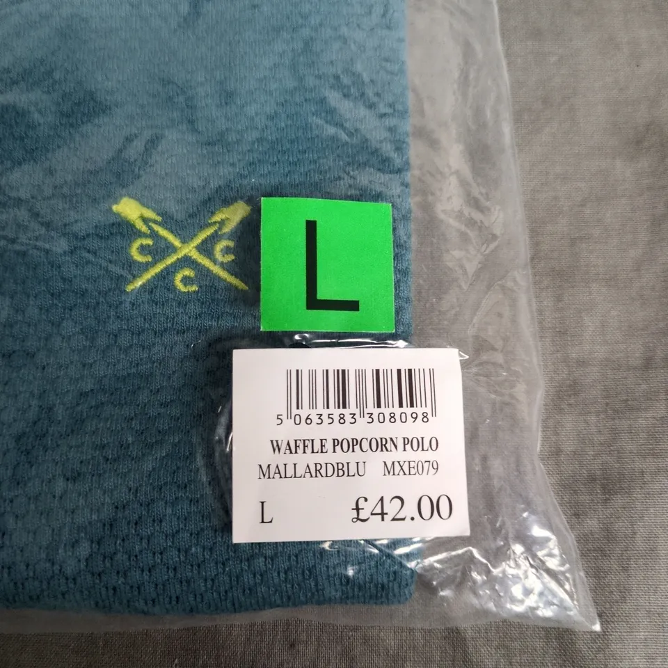 CREW CLOTHING COMPANY WAFFLE POPCORN POLO – MALLARD BLUE – SIZE L (MEN'S)