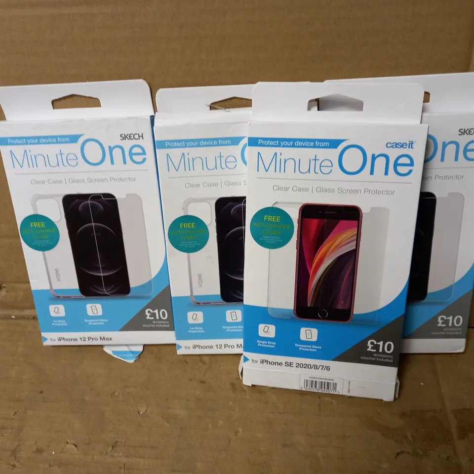 LOT OF 4 MINUTE ONE ITEMS INCLUDING 3 CLEAR CASES FOR IPHONE 12 PRO MAX, 1 CLEAR CASE IPHONE SE 2020/8/7/6
