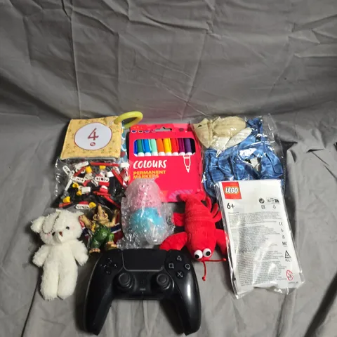 TOTE OF APPROX 10 ASSORTED TOYS AND GAMES TO INCLUDE MARKER PENS, TEDDIES AND LEGO 