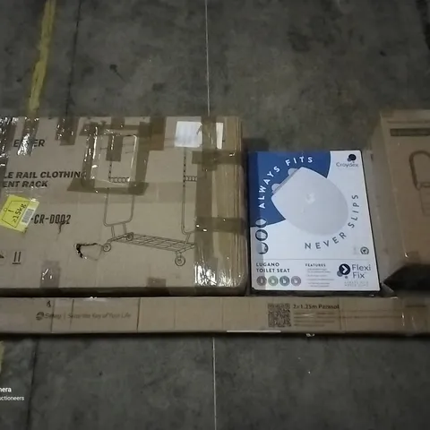PALLET OF ASSORTED ITEMS INCLUDING SEKEY PARASOL, AIR MULTIPLIER TOWER FAN, CROYDEX TOILET SEAT, DOUBLE RAIL CLOTHING GARMENT RACK, WALL MOUNTED MIRROR