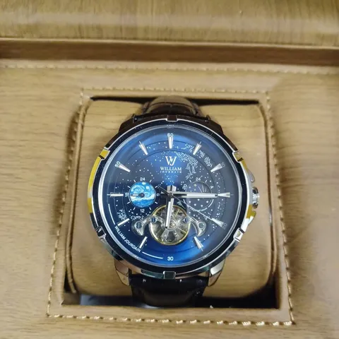 WILLIAM JOURDAIN MOON PHASE AUTOMATIC DIAL BLACK LEATHER STRAP WRISTWATCH