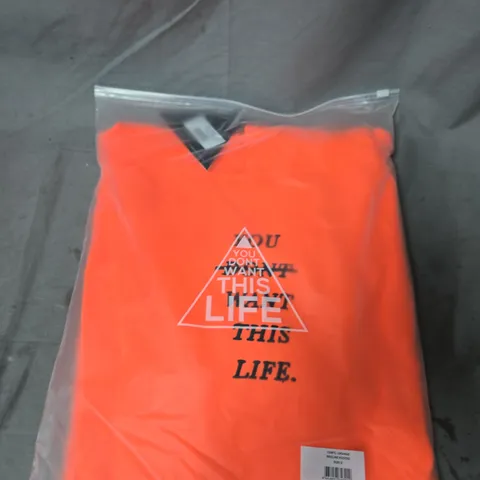 NEON ORANGE T-SHIRT WITH TRIANGLE GRAPHIC – 'YOU DONT WANT THIS LIFE' PRINT (POLYBAGGED) - SIZE SMALL