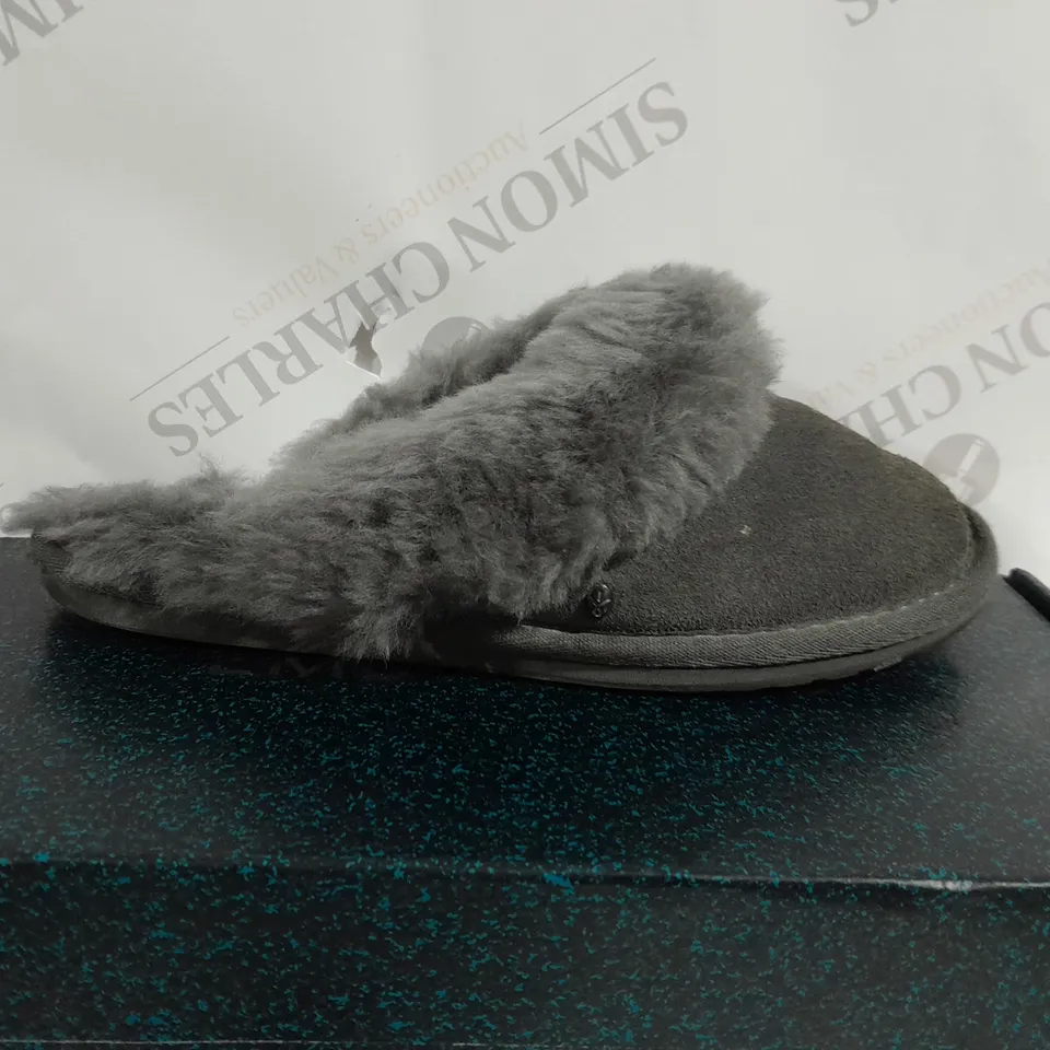 BOXED PAIR OF EMU NEST JOLIE SHEEPSKIN SLIPPERS IN CHARCOAL - SIZE 6