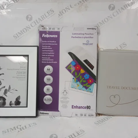 BOX OF APPROXIMATELY 20 ASSORTED HOUSEHOLD ITEMS TO INCLUDE TRAVEL DOCUMENTS CASE, LAMINATING POUCHES, ALSTON MONOCHROME PHOTO FRAME, ETC