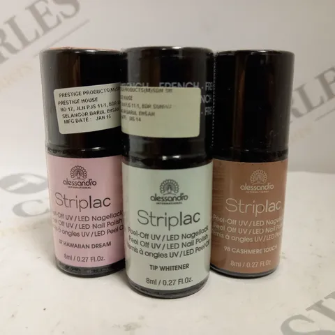 BOX OF APPROX 50 X 8ML ASSORTED ALESSANDRO STRIPLAC PEEL-OFF UV LED NAIL POLISH #87 HAWAIIAN DREAM, TIP WHITENER, #98 CASHMERE TOUCH 