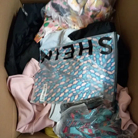 BOX OF ASSORTED CLOTHING ITEMS TOO INCLUDE JUMPERS, SHIRTS AND TROUSERS IN VARIOUS SIZES AND COLOURS   