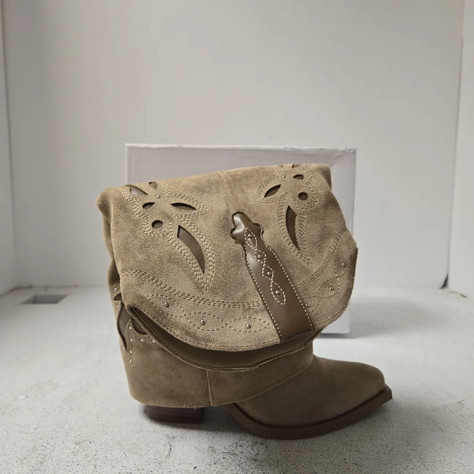 IDEAL SHOES UK4 KHAKI SUEDE WESTERN-STYLE BOOTS WITH CUT-OUT DETAILING