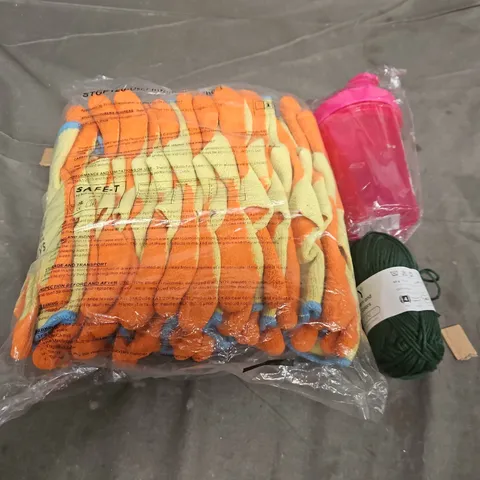 LARGE BOX OF APPROX 10 ASSORTED HOUSEHOLD ITEMS TO INCLUDE WATER BOTTLE, WOOL AND SAFETY GLOVES - COLLECTION ONLY 