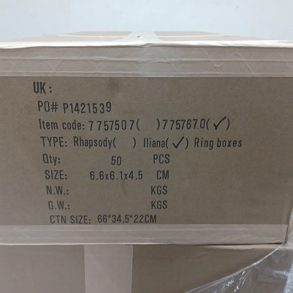 PALLET CONTAINING APPROXIMATELY 22 50-PACK BOXES OF ILIANA BRANDED RING BOXES
