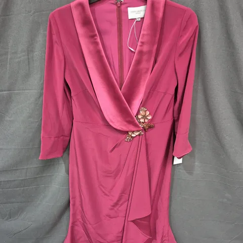 JOHN CHARLES LONDON MAGENTA SATIN WRAP DRESS WITH FLORAL EMBELLISHMENT, UK SIZE 10