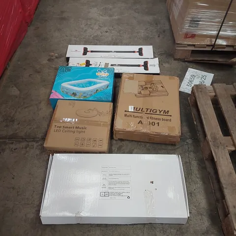 PALLET OF ASSORTED ITEMS INCLUDING: INFLATABLE SWIMMING POOL, SHOWER MIXER SYSTEM, TOP SMART MUSIC CEILING LIGHT, PULL-UP BARS ECT