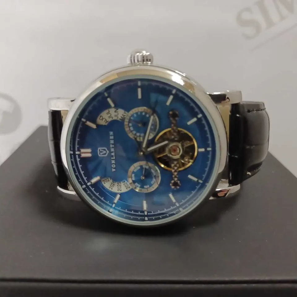 MENS VONLANTHEN AUTOMATIC WATCH – DATE YEAR SUB DIAL COMPLICATIONS – OPEN HEART MOVEMENT – GLASS EXHIBITION BACKCASE – BLACK LEATHER STRAP 