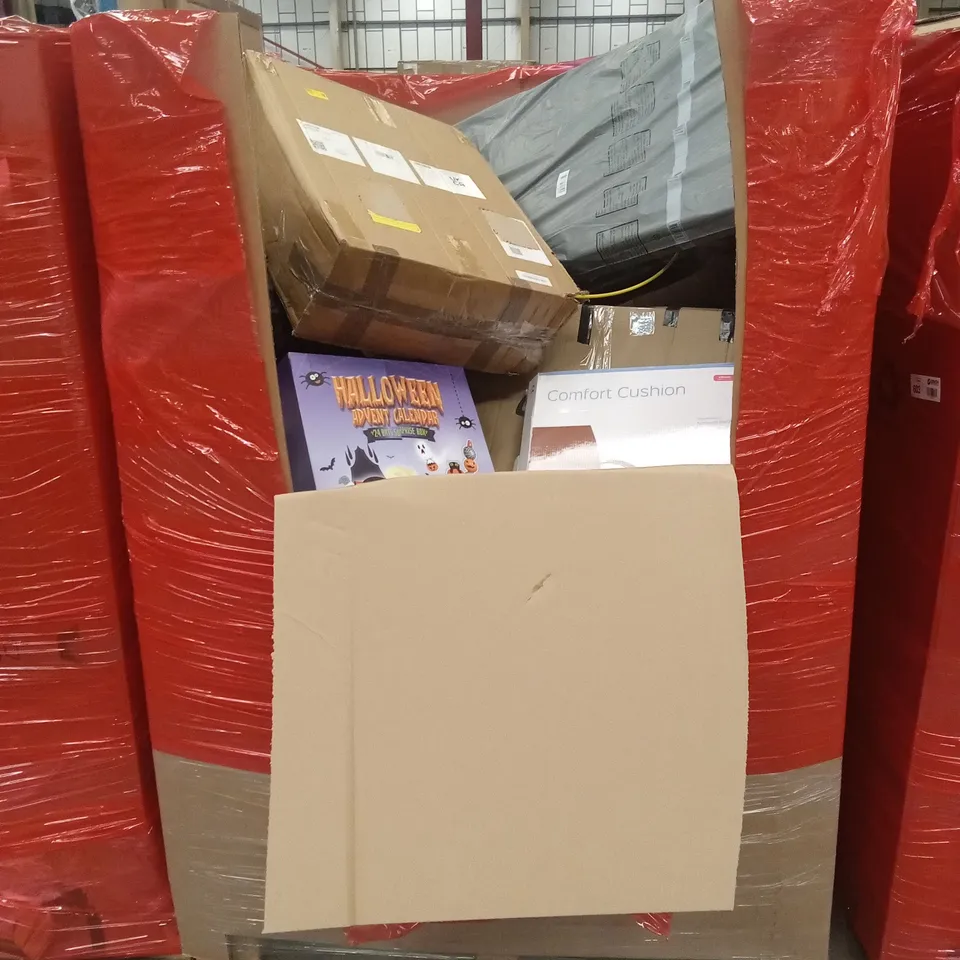 PALLET OF ASSORTED HOUSEHOLD GOODS AND PRODUCTS TO INCLUDE; HALLOWEEN SURPRISE BOX, COMFORT SEAT CUSHION ETC