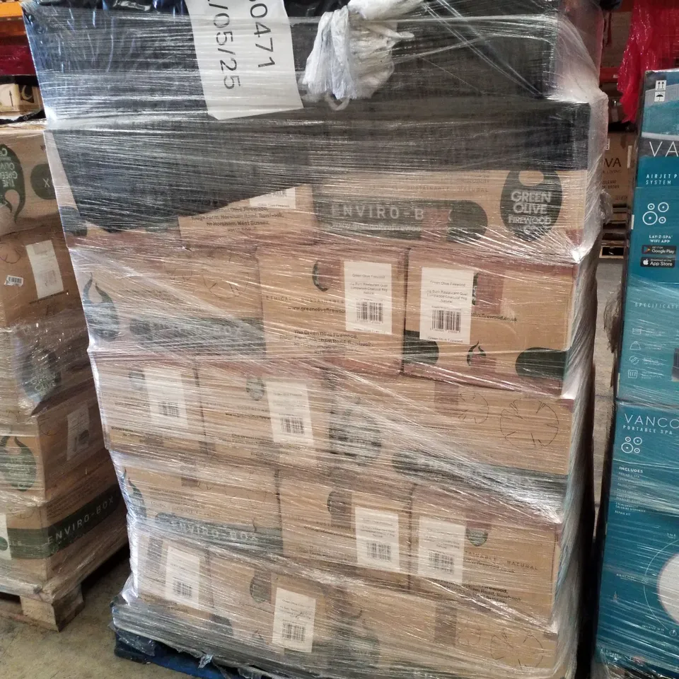 PALLET CONTAINING APPROXIMATELY 36 GREEN OLIVE FIREWOOD LONG BURN RESTAURANT QUALITY LUMPWOOD CHARCOAL 8KG