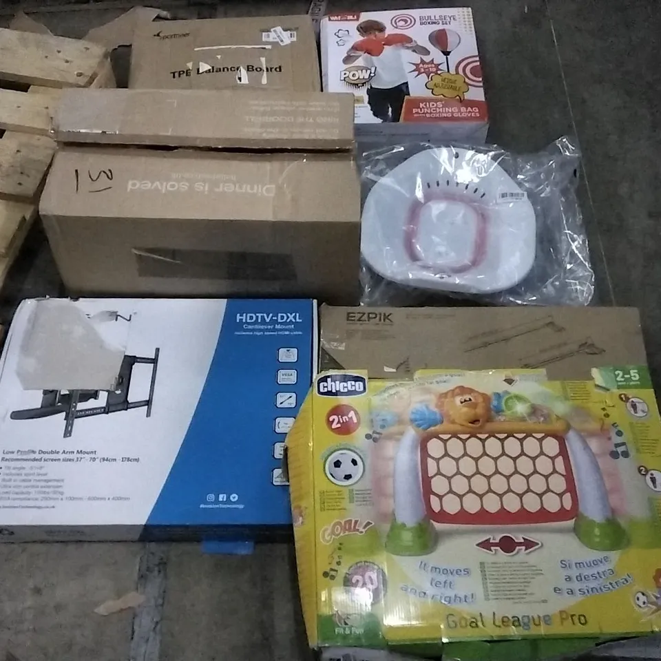 PALLET OF ASSORTED ITEMS INCLUDING CHICCO GOAL LEAGUE ONE, WHOOBLI BULLSEYE BOXING SET, PORTNEER THE BALANCE BOARD, LOW PROFILE TV MOUNT, EZPIK FOLDABLE GRABBER REACHER TOOL
