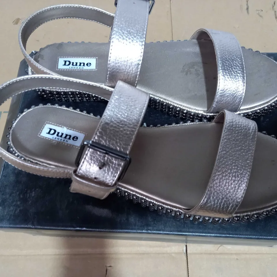 BOXED PAIR OF DUNE LONDON STUDDED PEWTER SANDALS - SIZE 7