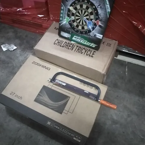 PALLET OF HOUSEHOLD ITEMS TO INCLUDE CRAZY DARTS, CHILDREN'S TRICYCLE, SAW,27 INCH MONITOR AND OTHER ASSORTED ITEMS...