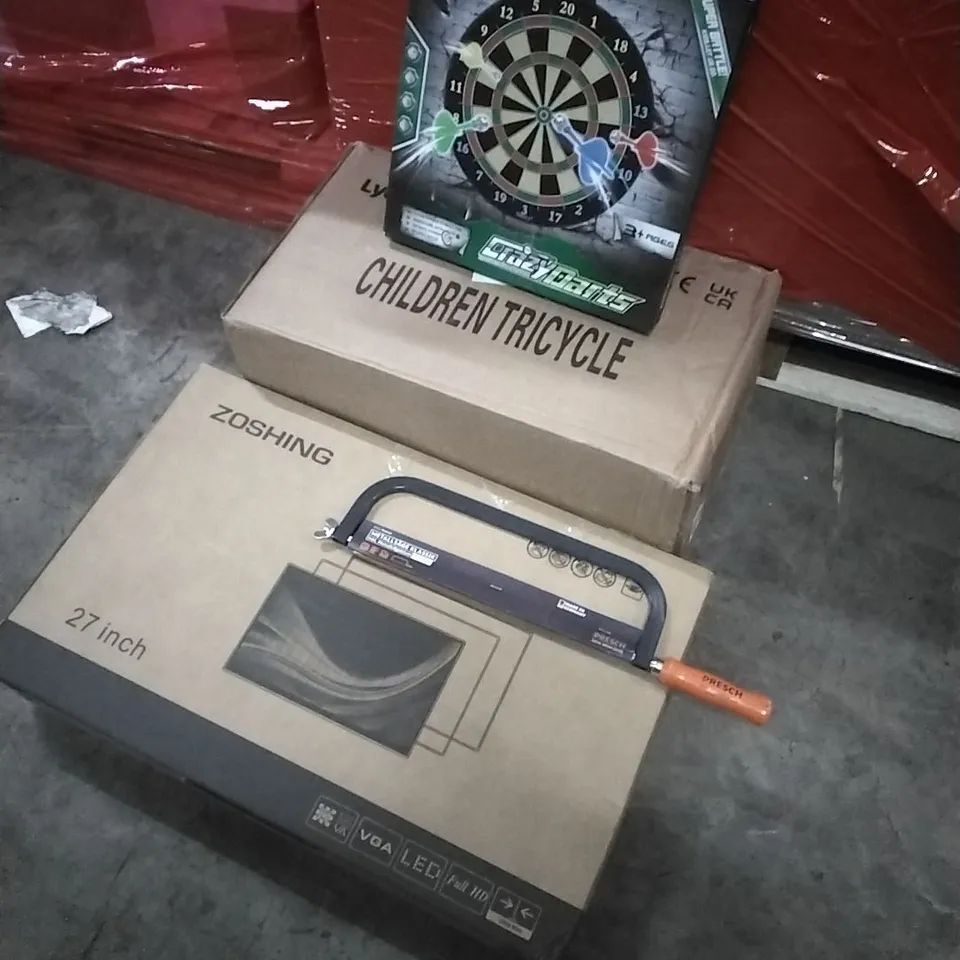 PALLET OF HOUSEHOLD ITEMS TO INCLUDE CRAZY DARTS, CHILDREN'S TRICYCLE, SAW,27 INCH MONITOR AND OTHER ASSORTED ITEMS...