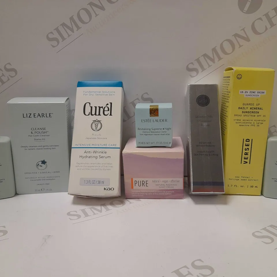 LOT OF APPROX 8 ASSORTED SKINCARE PRODUCTS TO INCLUDE ESTÉE LAUDER REVITALIZING SUPREME+NIGHT INTENSIVE RESTORATIVE CREME 5ML, CUREL HYDRATING SERUM, LIZ EARLE HOT CLOTH CLEANSER STARTER KIT, ETC 