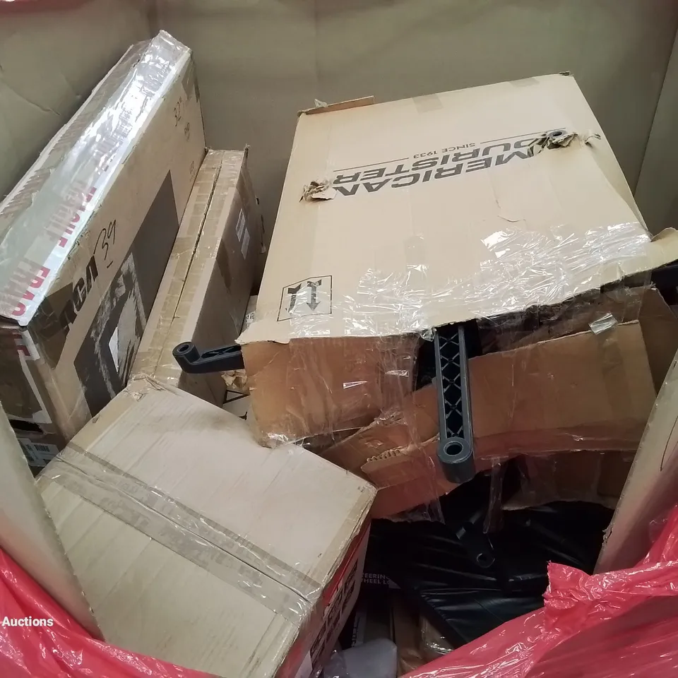 PALLET OF ASSORTED ITEMS INCLUDING STORAGE OTTOMAN, COMPUTER DESK, ELECTRIC POTATO PEELER, WICKER BASKET, OFFICE CHAIR