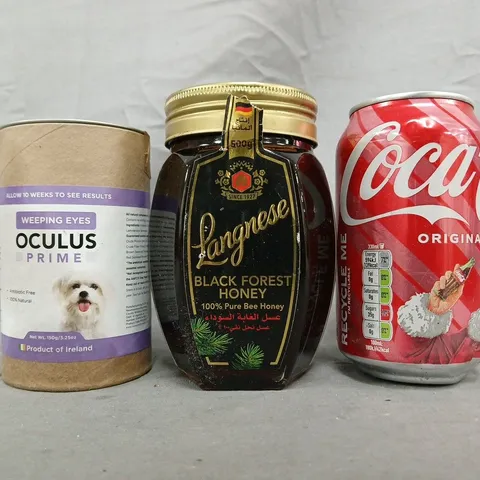 APPROXIMATELY 8 ASSORTED FOOD AND DRINK ITEMS TO INCLUDE COCA-COLA, LANGNESE BLACK FOREST HONEY, ETC