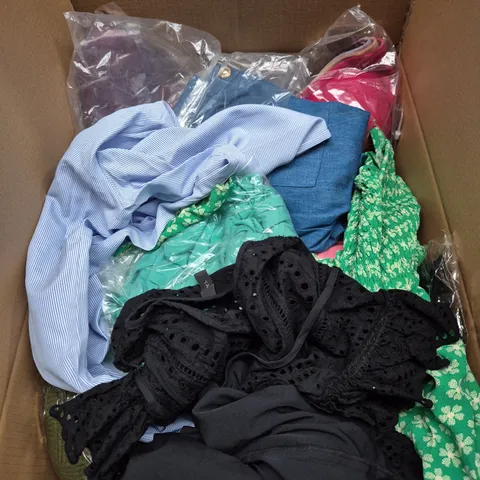 LARGE BOX OF ASSORTED CLOTHING ITEMS IN ASSORTED COLOUR, SIZES AND STYLES