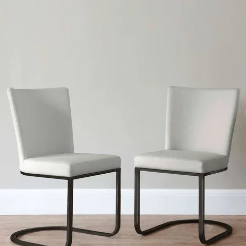 BOXED PAIR OF DANETTI FORM STAINLESS STEEL CANTILEVER DINING CHAIR - LIGHT GREY FAUX LEATHER, SILVER LEGS