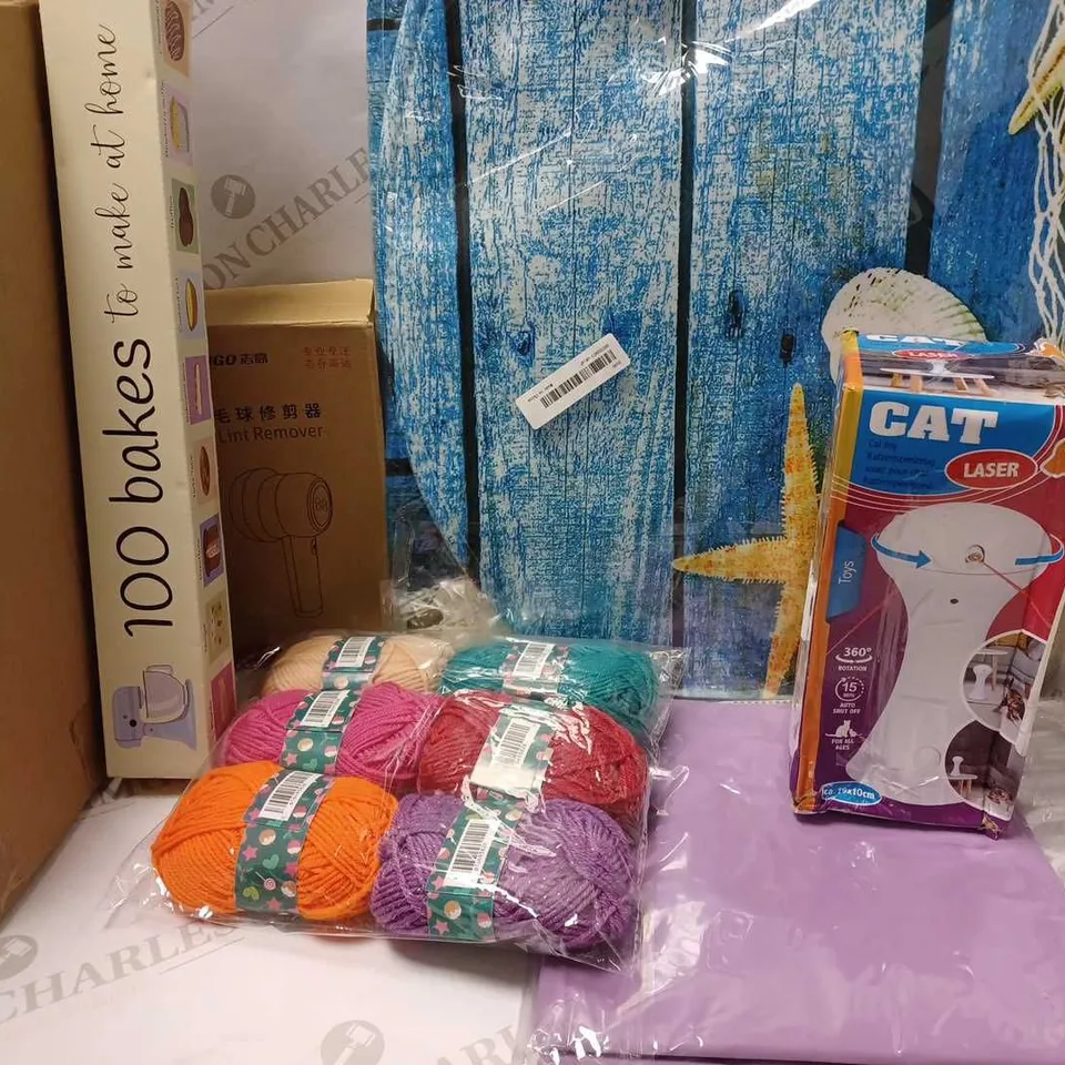 LOT OF APPROX 8 ASSORTED HOUSEHOLD ITEMS TO INCLUDE FIGGY WOOL YARNS, CAT TOY LASER, CHIGO LINT REMOVER, ETC 