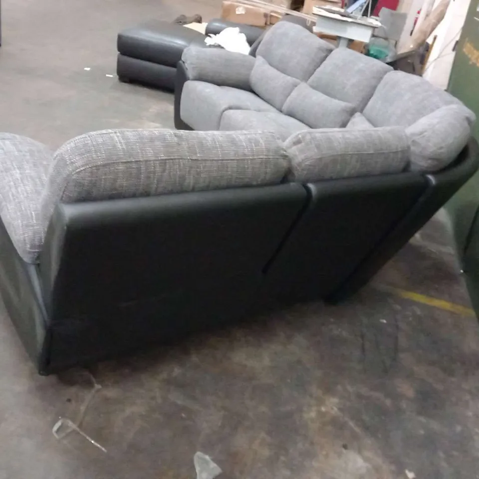 DESIGNER SANTORI GREY FABRIC AND BLACK FAUX LEATHER MANUAL RECLIING CORNER SOFA