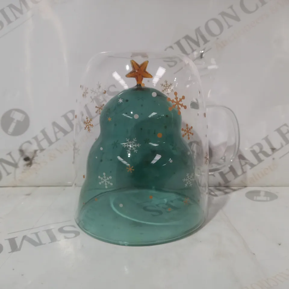 BOXED UNBRANDED FESTIVE CHRISTMAS TREE DOUBLE WALL GLASS MUG