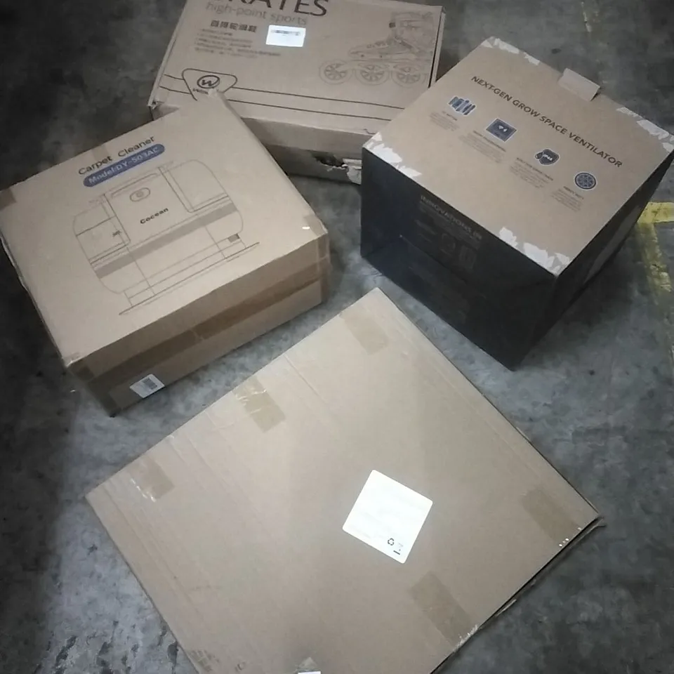 PALLET OF HOUSEHOLD ITEMS TO INCLUDE DOG GRASS PAD WITH TRAY, SKATES,CARPET CLEANER,NEXT GEN GROW SPACE VENTILATOR AND OTHER ASSORTED ITEMS...