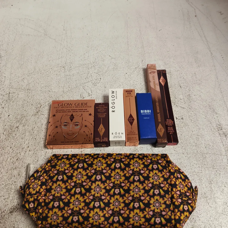 CHARLOTTE TILBURY COSMETICS ASSORTMENT WITH FLORAL PATTERNED ZIP POUCH – BOXED MAKEUP ITEMS